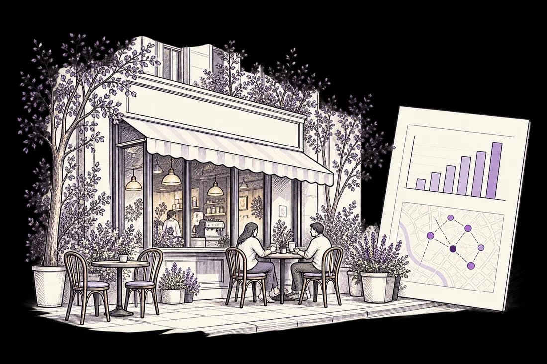 Illustration of a fictional coffee shop beside a case exhibit
